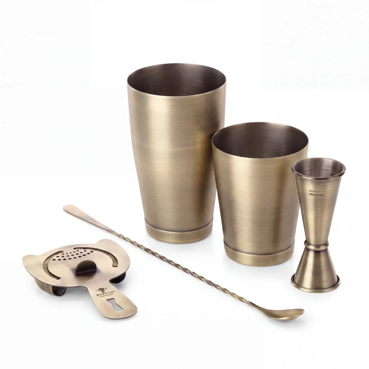 Spirit Warrior Provisions professional cocktail shaker set in antique brass finish with Boston shaker, jigger, and spoon