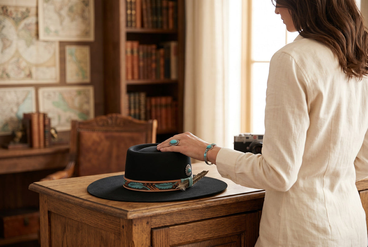 Spirit Warrior Provisions Azulita black felt gambler hat with tooled leather band, turquoise concho, and feathers.