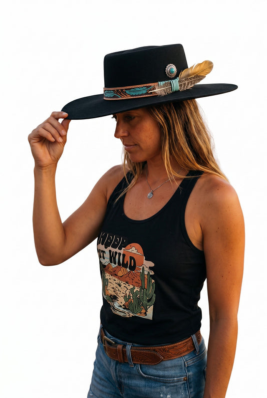 Spirit Warrior Provisions Azulita black gambler felt hat with tooled leather band, feathers, and turquoise concho.