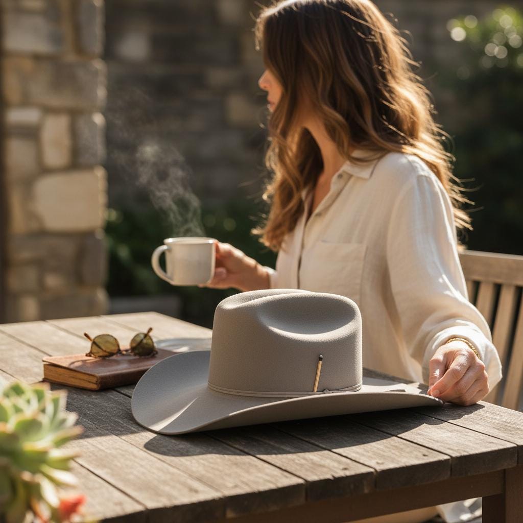 Spirit Warrior Provisions beige 6X wool felt Western hat with a looping cord hatband on a wooden outdoor table.