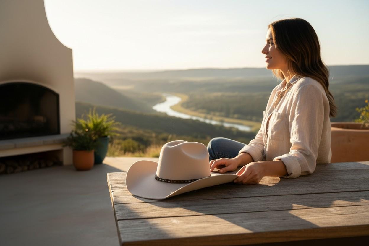 Spirit Warrior Provisions beige wool felt Western hat with a braided hatband, held by a woman on a sunset patio.