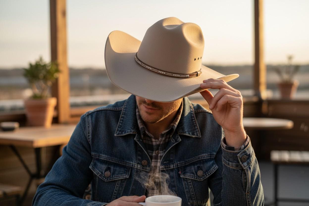 Spirit Warrior Provisions beige 6X wool felt Western hat with a two-tone leather hatband worn by a man at sunset.