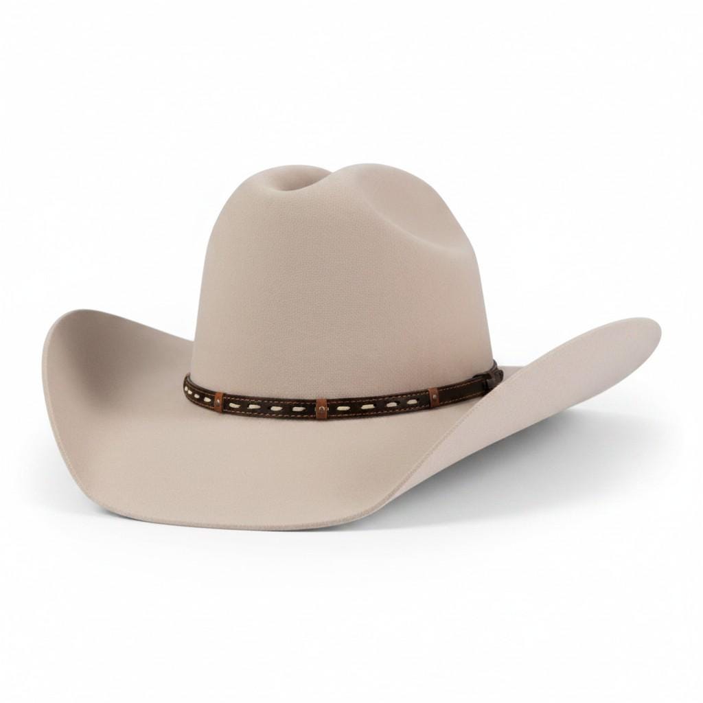Spirit Warrior Provisions beige 6X wool felt Western hat with a two-tone brown leather hatband and silver conchos