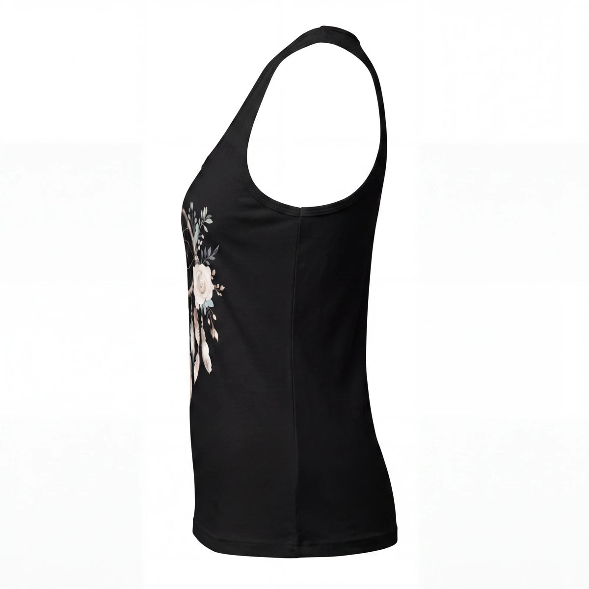 Spirit Warrior Provisions black cotton tank top featuring a boho dreamcatcher and floral graphic, side view.