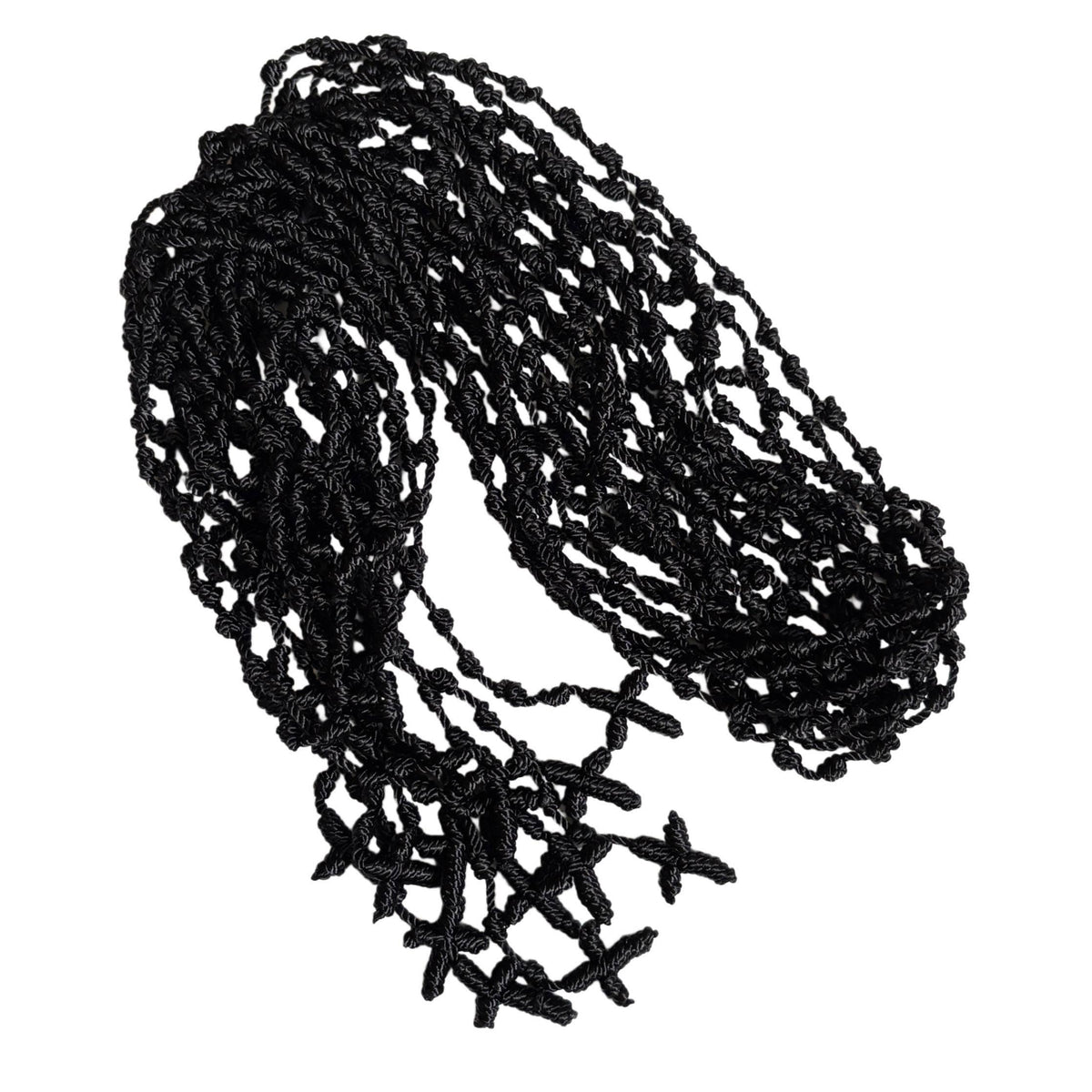 Spirit Warrior Provisions 18-inch black hand-braided rope rosary with intricate knotted design for prayer and devotion.