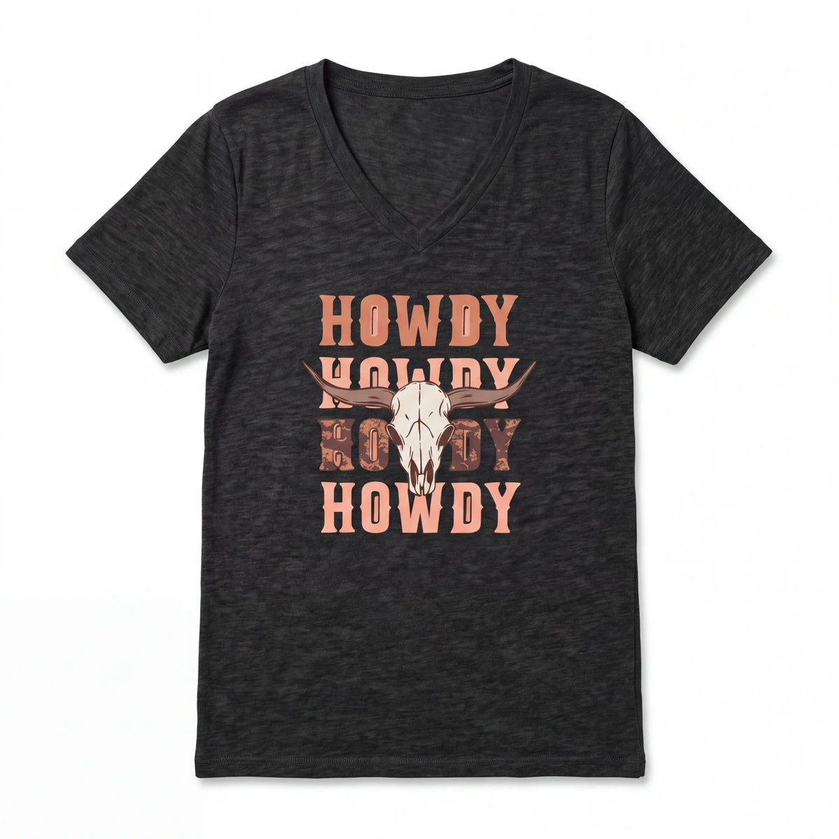 Spirit Warrior Provisions vintage-style black v-neck t-shirt with a rustic cowgirl rodeo skull graphic