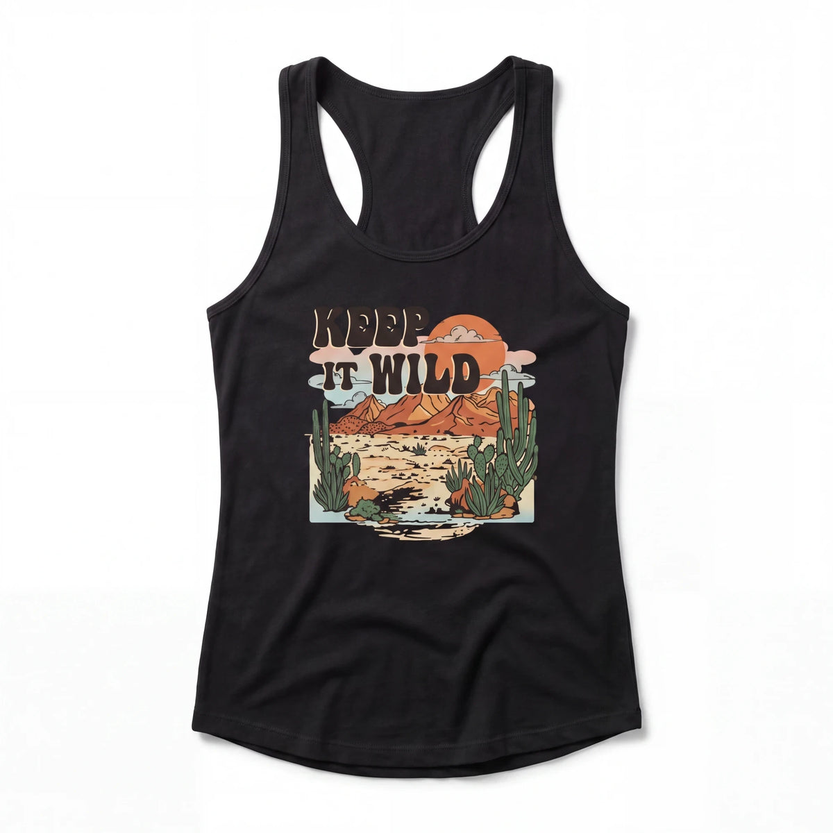 Spirit Warrior Provisions black racerback tank top featuring a vintage desert rodeo graphic with Keep It Wild text.