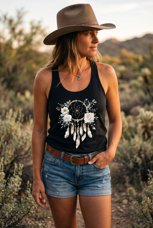 Spirit Warrior Provisions black cotton tank top with a floral dreamcatcher graphic worn by a woman in a cowboy hat.