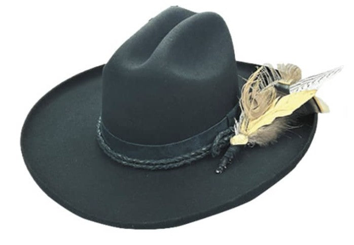 Spirit Warrior Provisions black felt cattleman hat featuring a braided leather hatband and decorative feather accents.