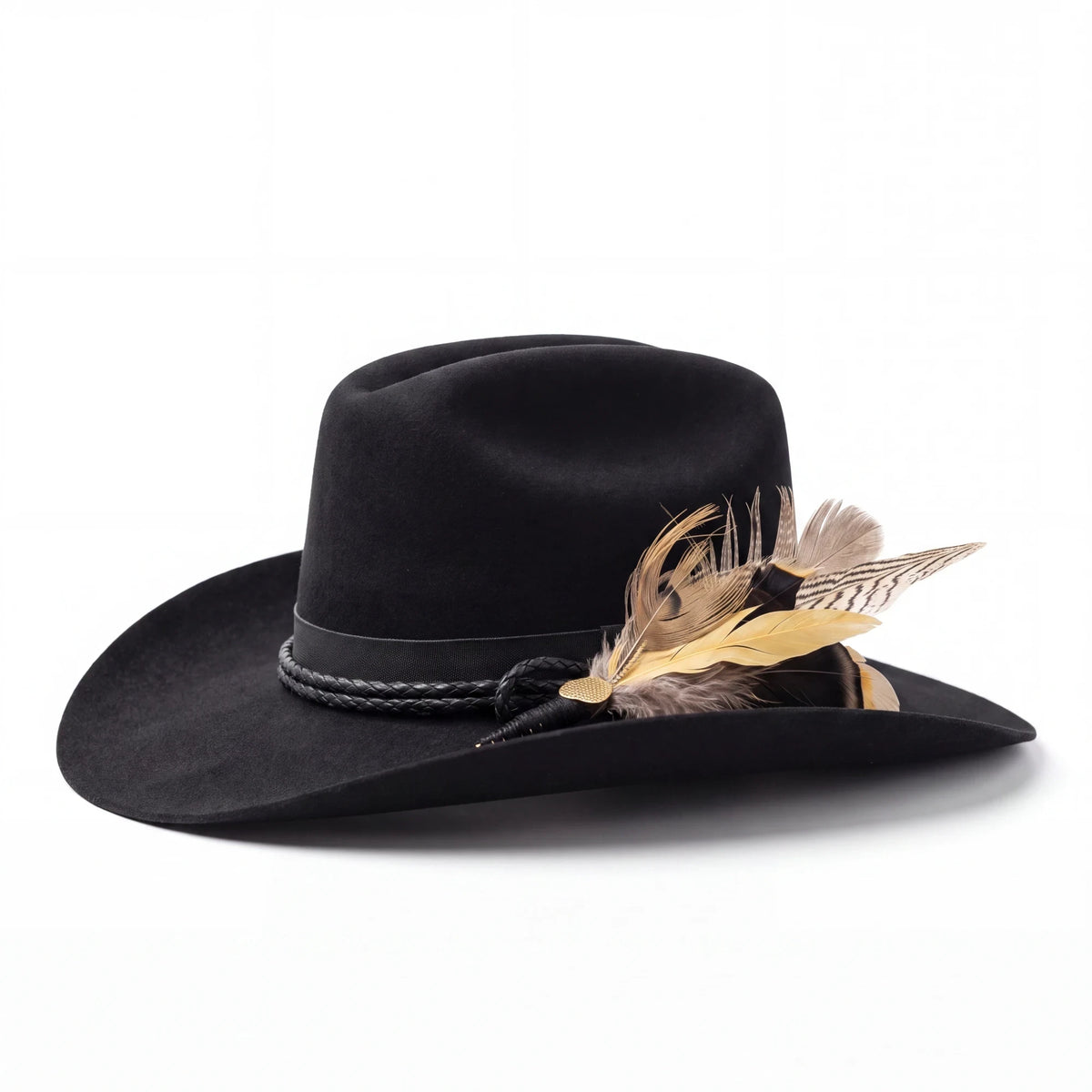 Spirit Warrior Provisions Sombra black felt cattleman hat with a braided leather band and decorative feather accents.