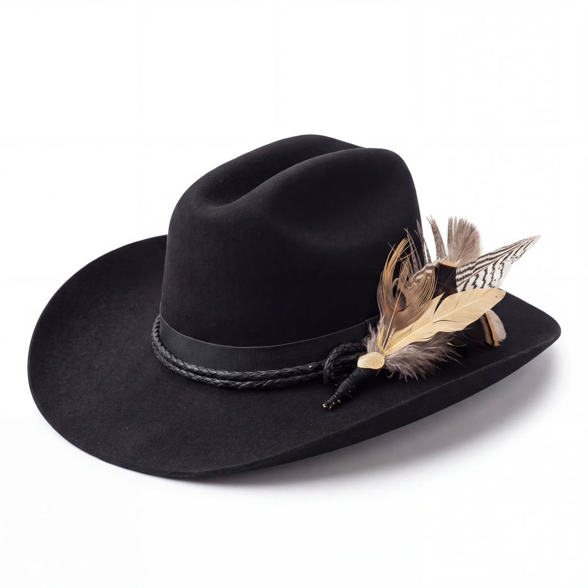 Spirit Warrior Provisions black felt cattleman hat with a braided leather hatband and decorative feather accents.