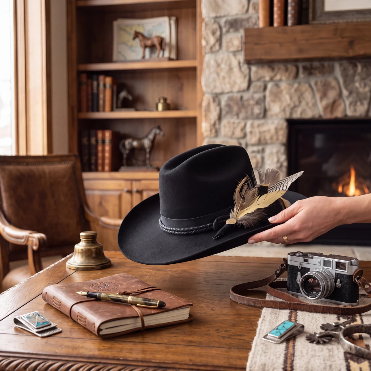 Spirit Warrior Provisions black felt cattleman hat with a braided leather band and feather accents held by a hand.