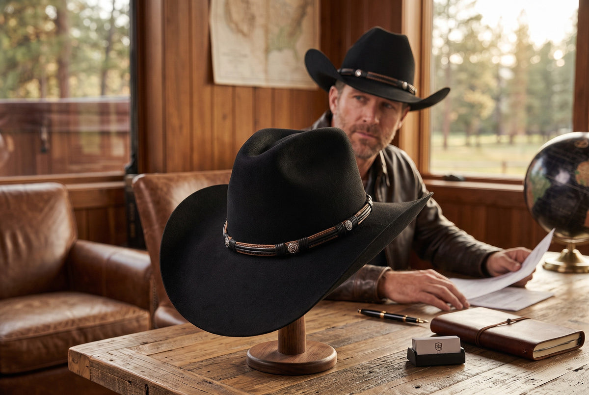 Spirit Warrior Provisions black felt cowboy hat with pinch-front crown and leather concho band on a wooden stand