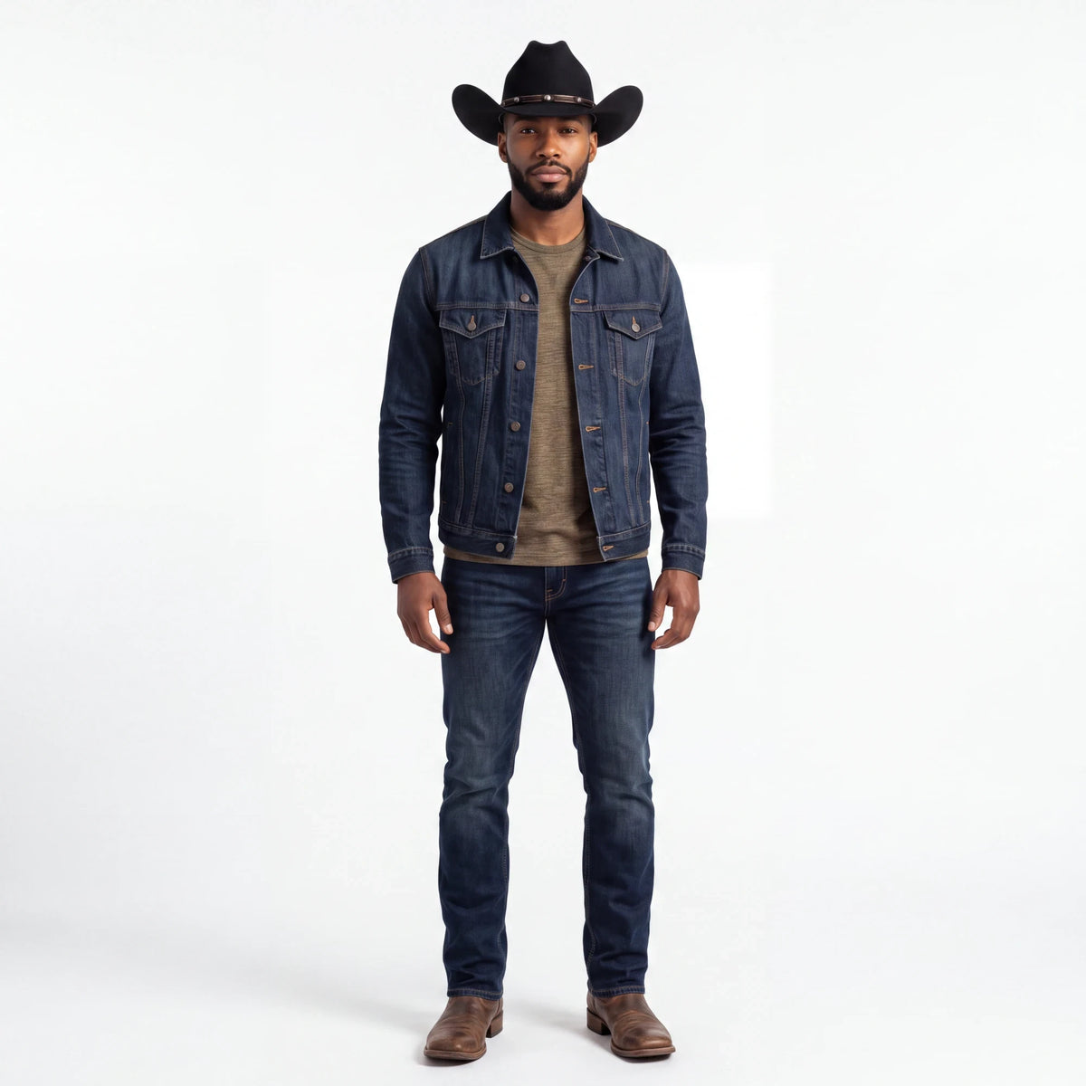 Spirit Warrior Provisions black felt cowboy hat with silver concho band worn by a man in a denim jacket and jeans