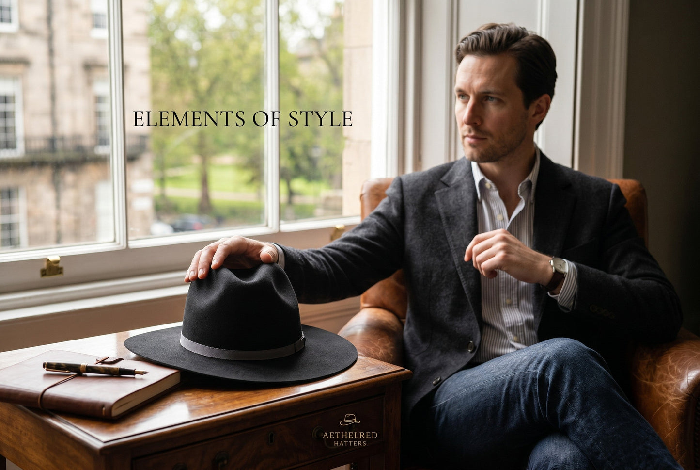 Spirit Warrior Provisions black felt cattleman cowboy hat with gray ribbon band resting on a wooden table by a window.