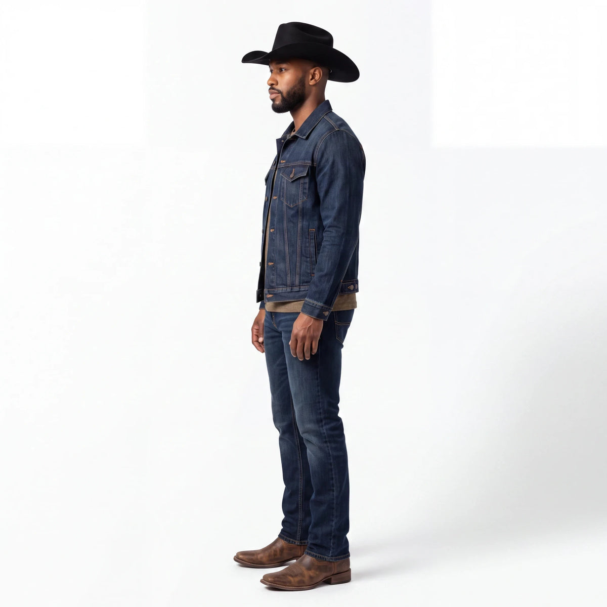 Spirit Warrior Provisions black felt cowboy hat with pinch-front crown and silver concho band worn by a man in denim