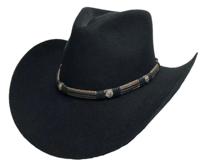 Spirit Warrior Provisions black felt cowboy hat with a pinch-front crown and a leather hatband featuring silver conchos