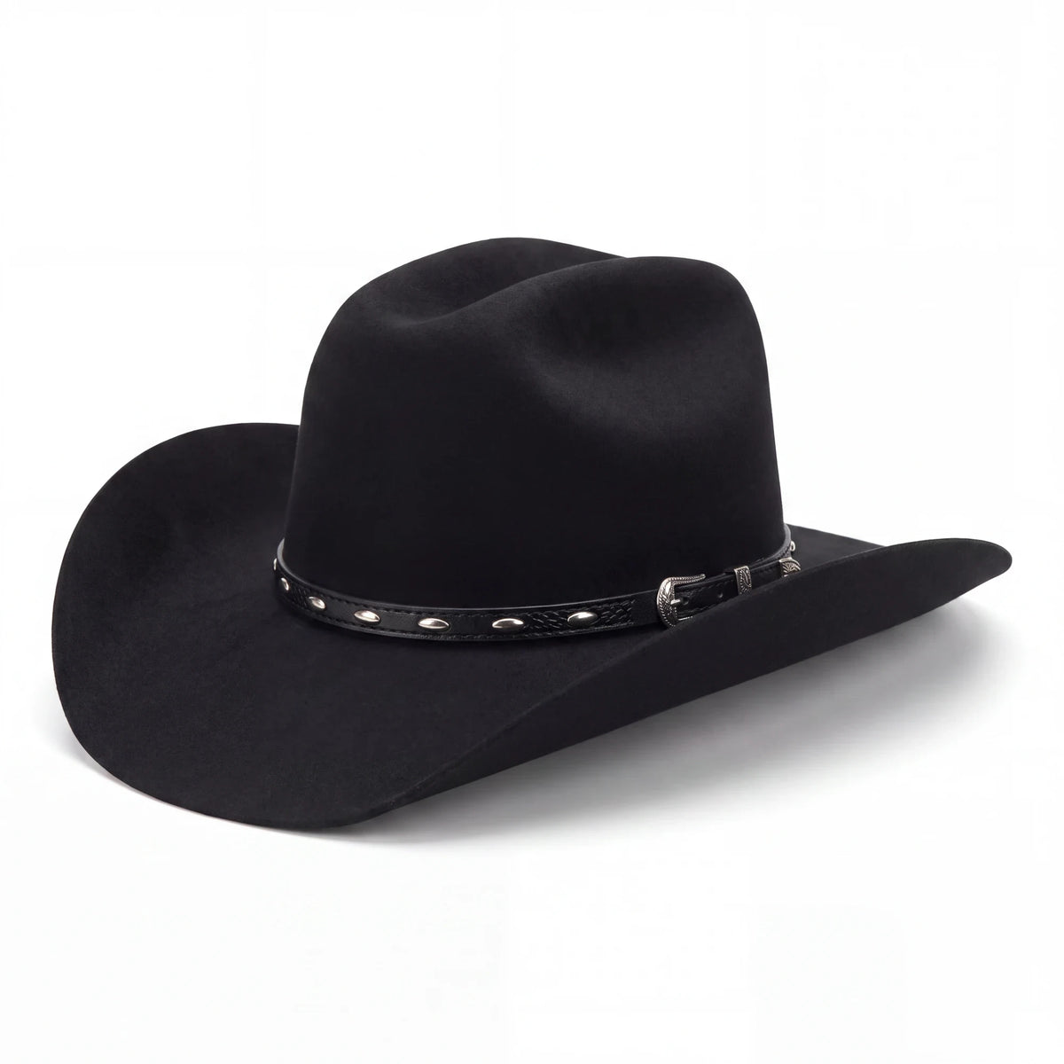 Spirit Warrior Provisions black felt cowboy hat featuring a leather hatband with silver Texas star accents.