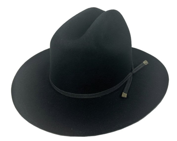 Spirit Warrior Provisions black fine felt cattleman cowboy hat with a 3-inch brim and coordinating hatband.