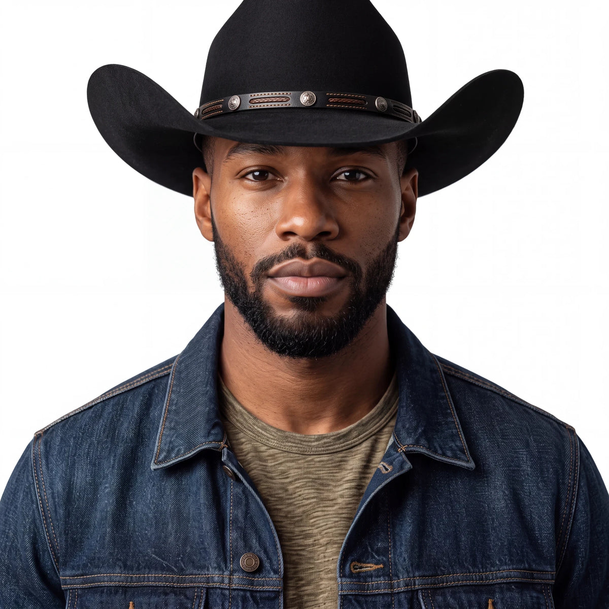 Spirit Warrior Provisions black felt cowboy hat with leather and silver concho band worn by a man in a denim jacket.