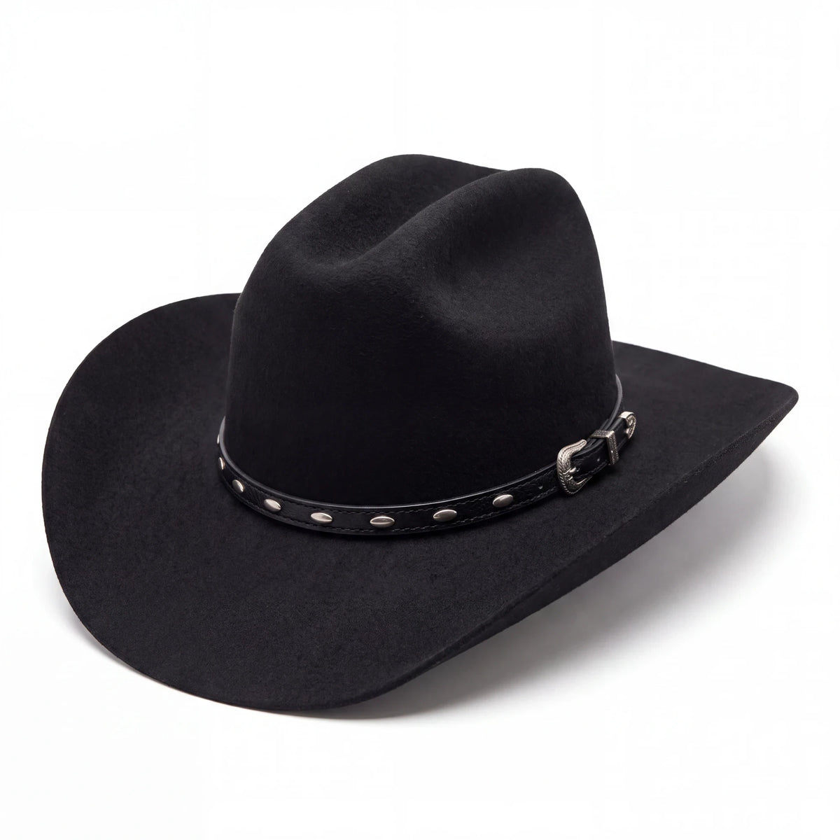 Spirit Warrior Provisions black felt cowboy hat featuring a leather hatband with silver Texas star accents.
