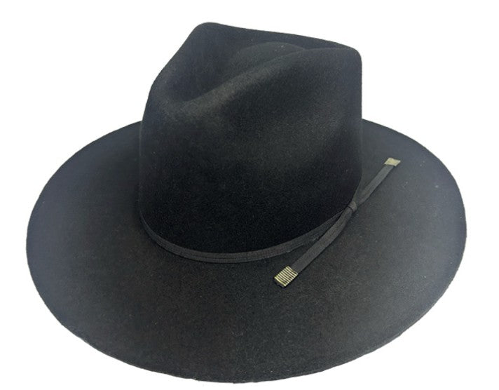 Spirit Warrior Provisions black felt cowboy hat with a pinch front crown, 3-inch brim, and a matching black hatband.