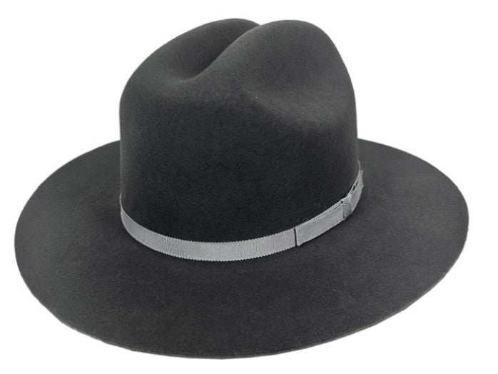 Spirit Warrior Provisions black fine felt cattleman cowboy hat with a 3-inch brim and gray grosgrain ribbon hatband.