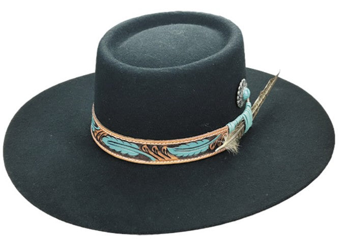 Spirit Warrior Provisions Azulita black gambler felt hat with tooled leather band, turquoise feathers, and concho.