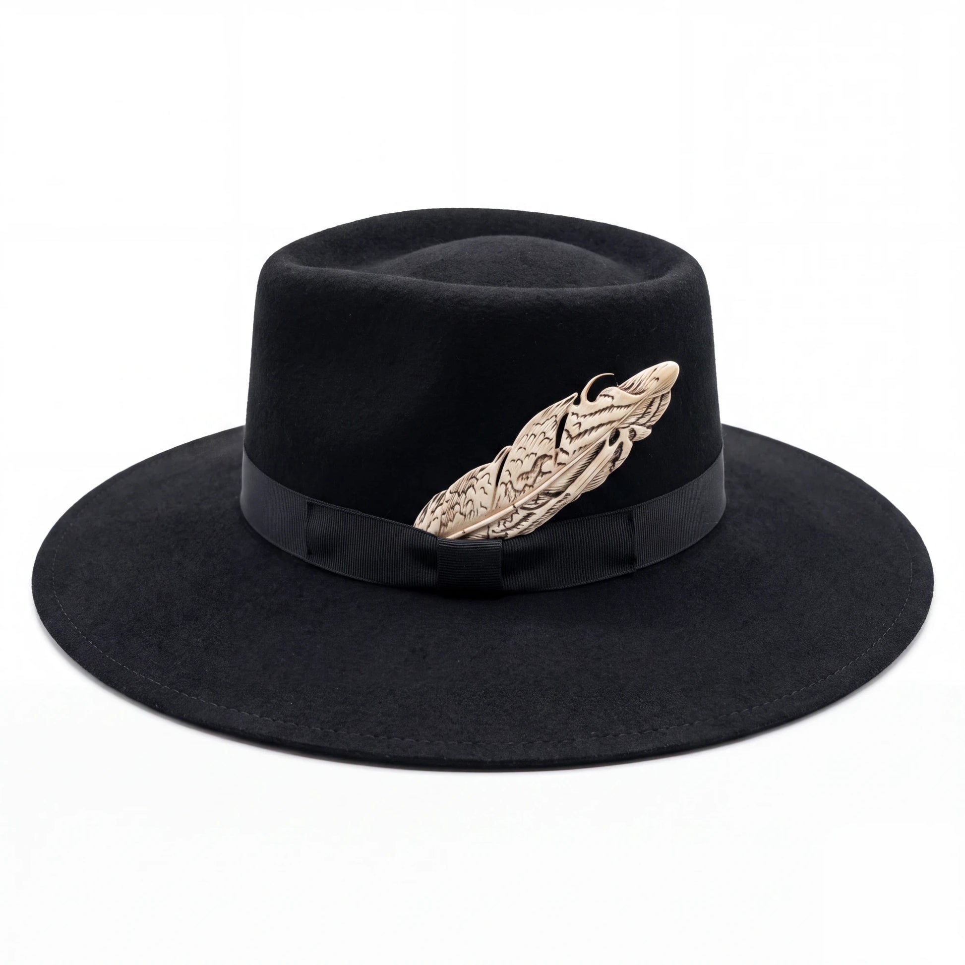 Spirit Warrior Provisions black gambler felt hat with a 4-inch flat brim, grosgrain ribbon, and silver pheasant tail.