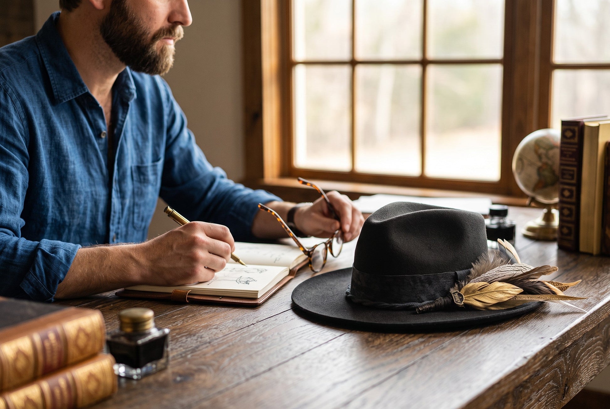 Spirit Warrior Provisions black felt pinch front hat with feather detail on a wooden desk next to a writing man