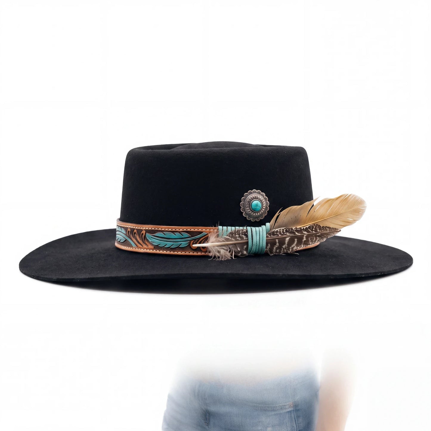 Spirit Warrior Provisions Azulita black gambler felt hat with tooled leather band, turquoise concho, and feather accents.