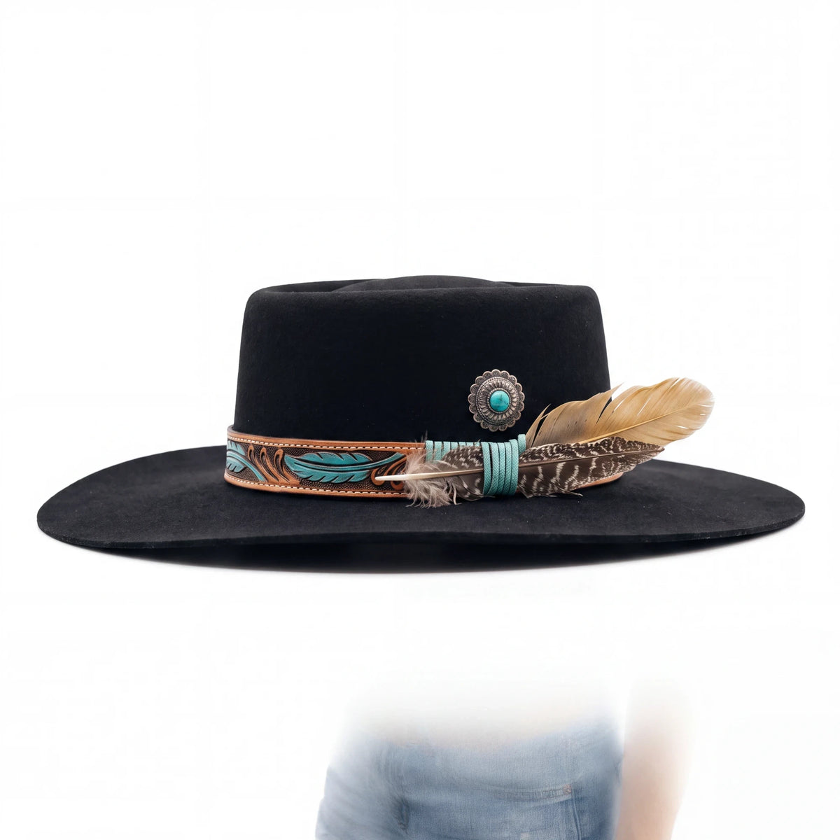 Spirit Warrior Provisions Azulita black gambler felt hat with tooled leather band, turquoise concho, and feather accents.