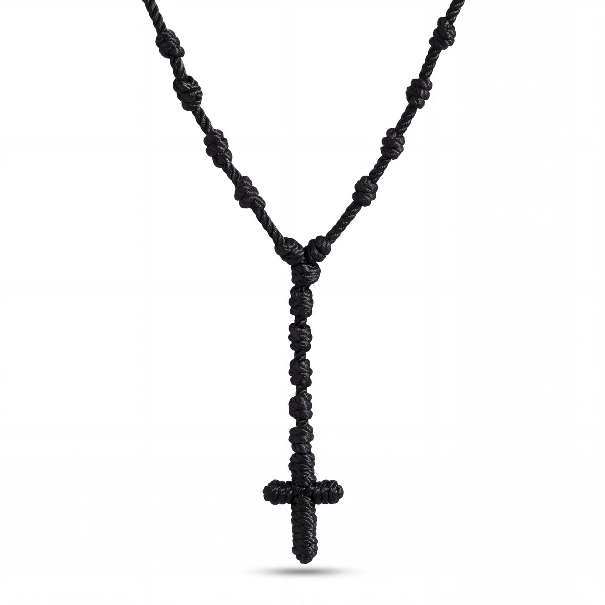 Spirit Warrior Provisions 18-inch black hand-braided rope rosary with a knotted cross pendant for prayer and devotion.