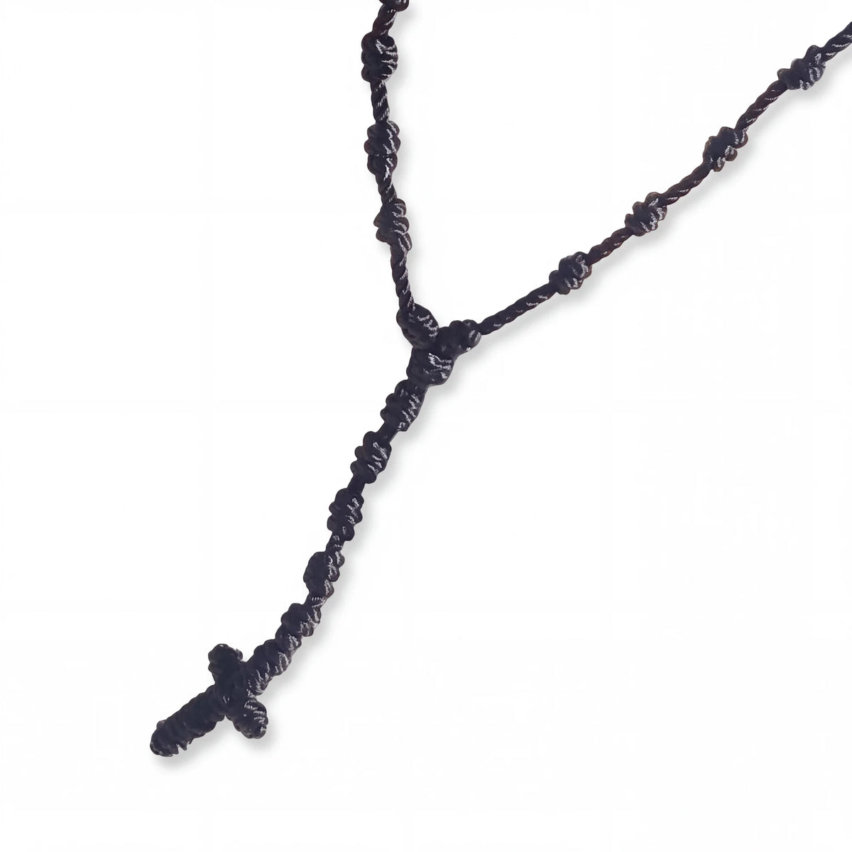 Spirit Warrior Provisions 18-inch black hand-braided rope rosary with knotted design for prayer and reflection
