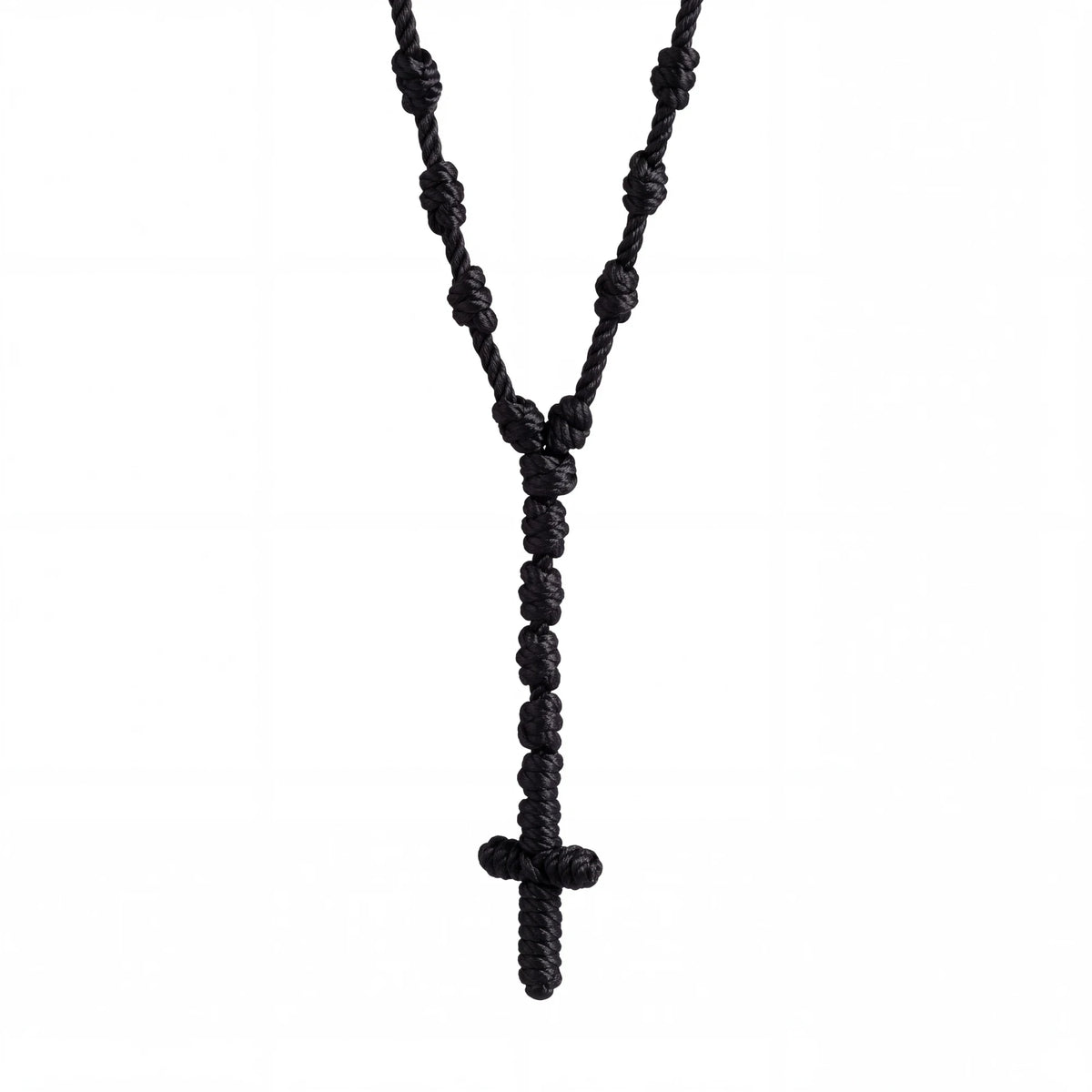 Spirit Warrior Provisions 18-inch black hand-braided rope rosary with a knotted cross design for prayer and devotion.