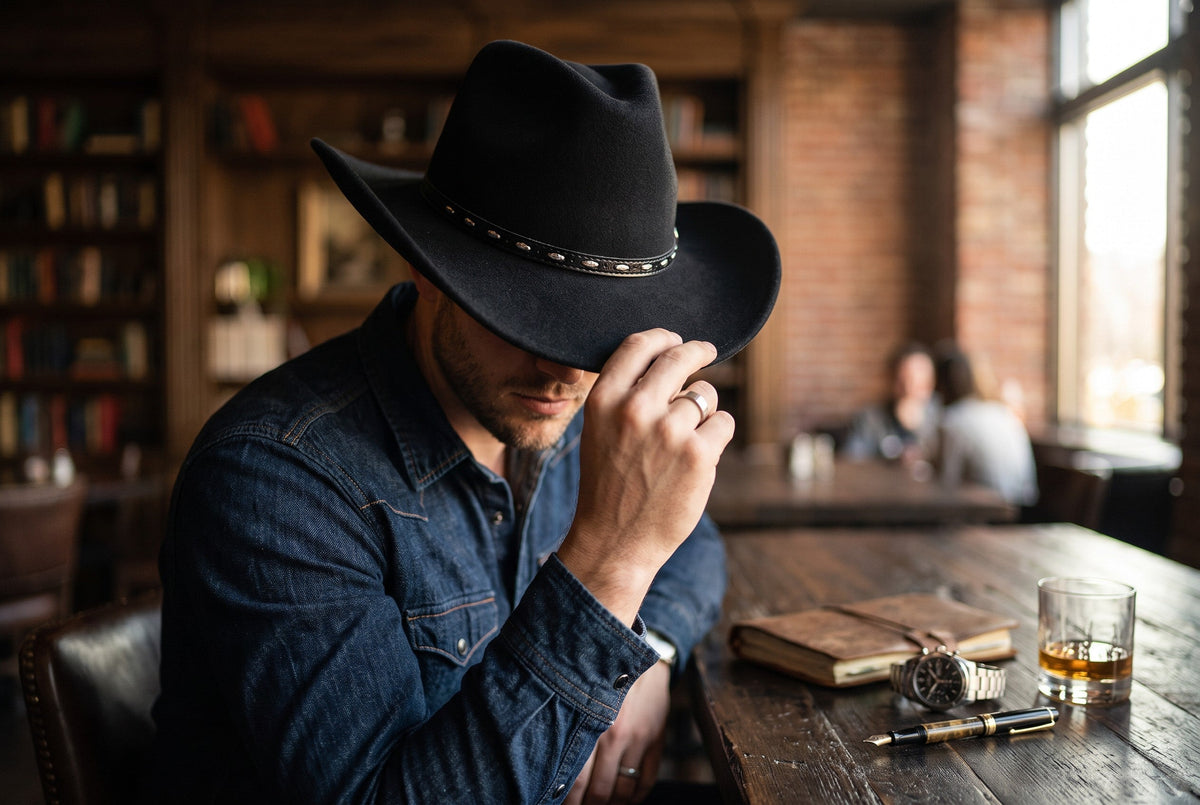 Spirit Warrior Provisions black Western hat with leather hatband worn by a man in a denim shirt at a wooden table.
