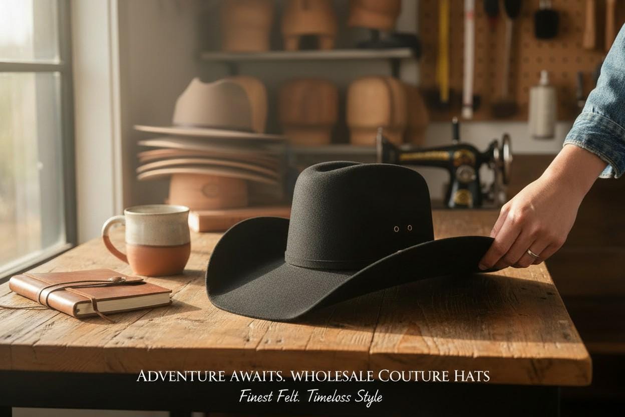 Spirit Warrior Provisions black 6X wool felt Western hat with a classic cattleman crease on a rustic wooden table.