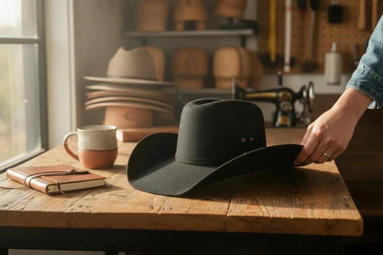 Spirit Warrior Provisions black 6X wool felt Western hat on a rustic wooden workshop table with a leather journal