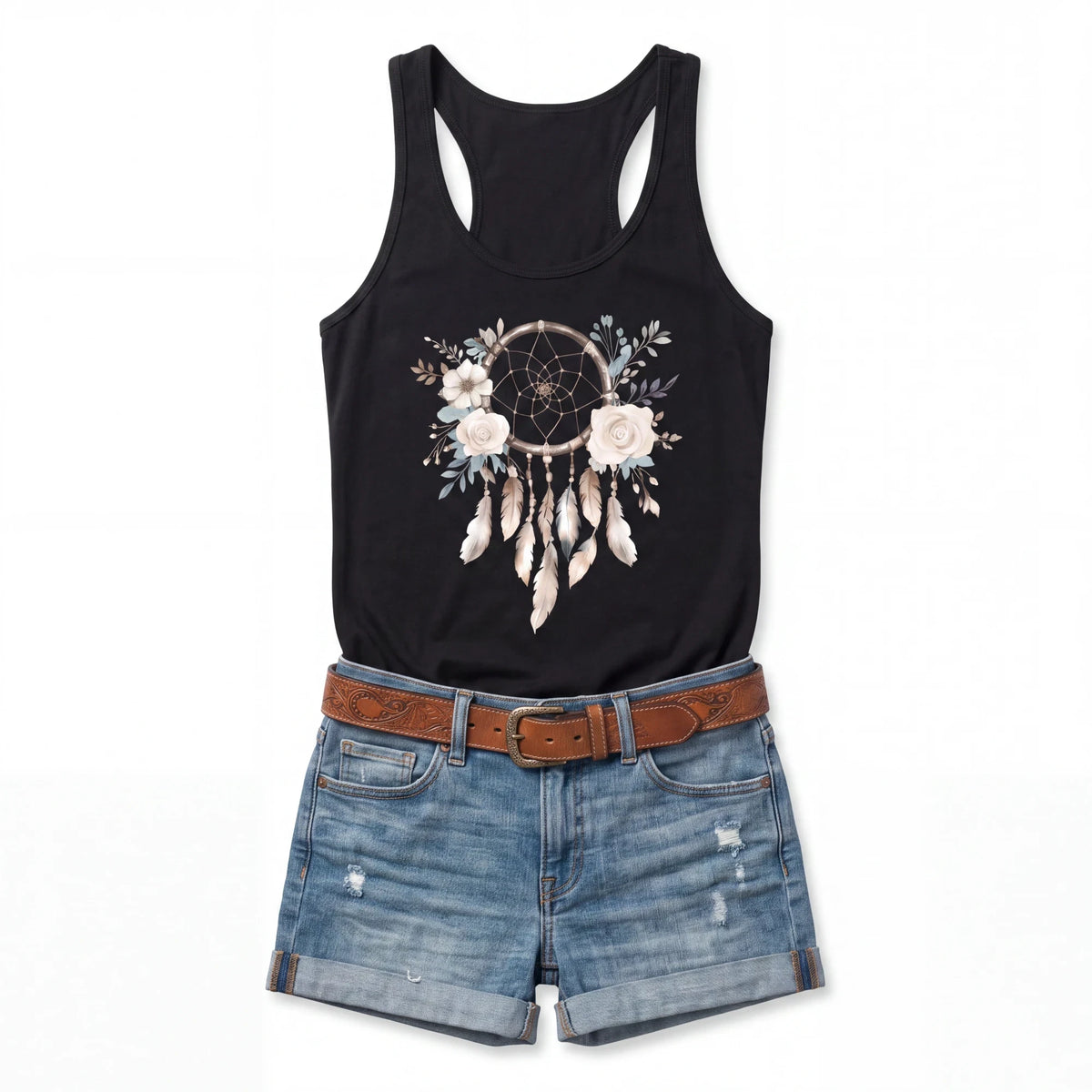 Spirit Warrior Provisions black racerback tank top with a boho dreamcatcher and floral graphic, paired with denim shorts