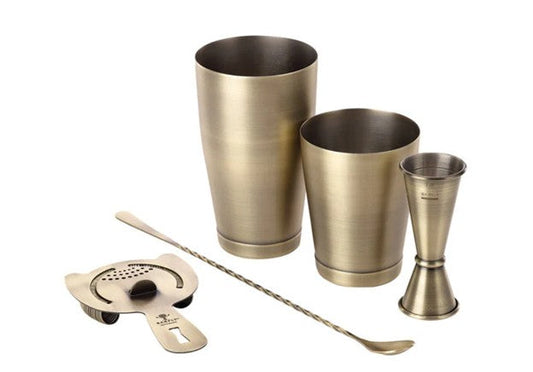 Spirit Warrior Provisions professional cocktail shaker set in brushed antique brass finish with jigger and spoon