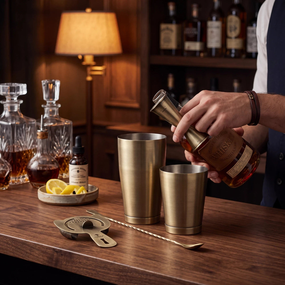 Spirit Warrior Provisions antique brass cocktail shaker set with Boston tins, Hawthorne strainer, and mixing spoon.