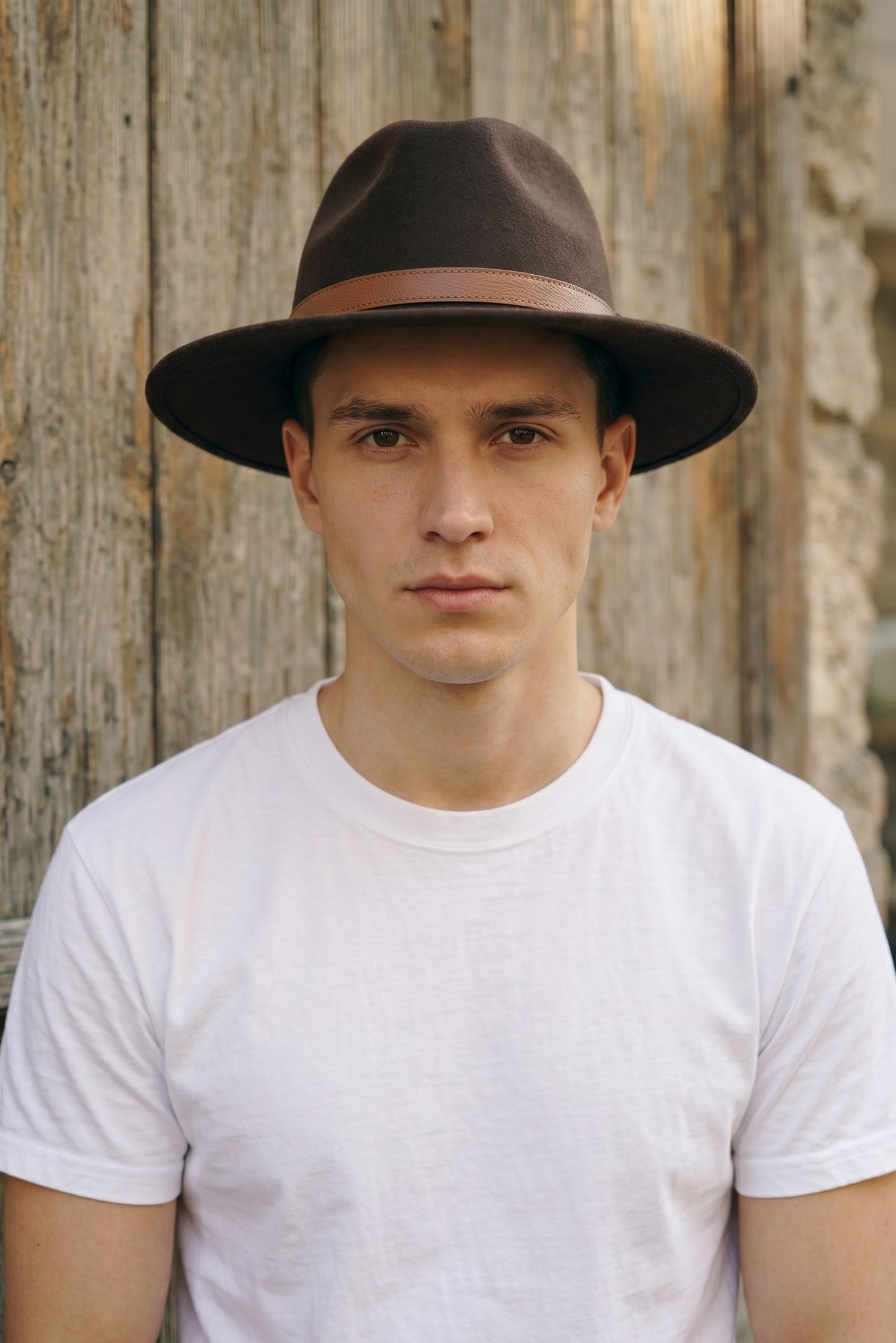 Spirit Warrior Provisions brown felt pinch front cowboy hat with a 3-inch brim worn by a man against a rustic wall.