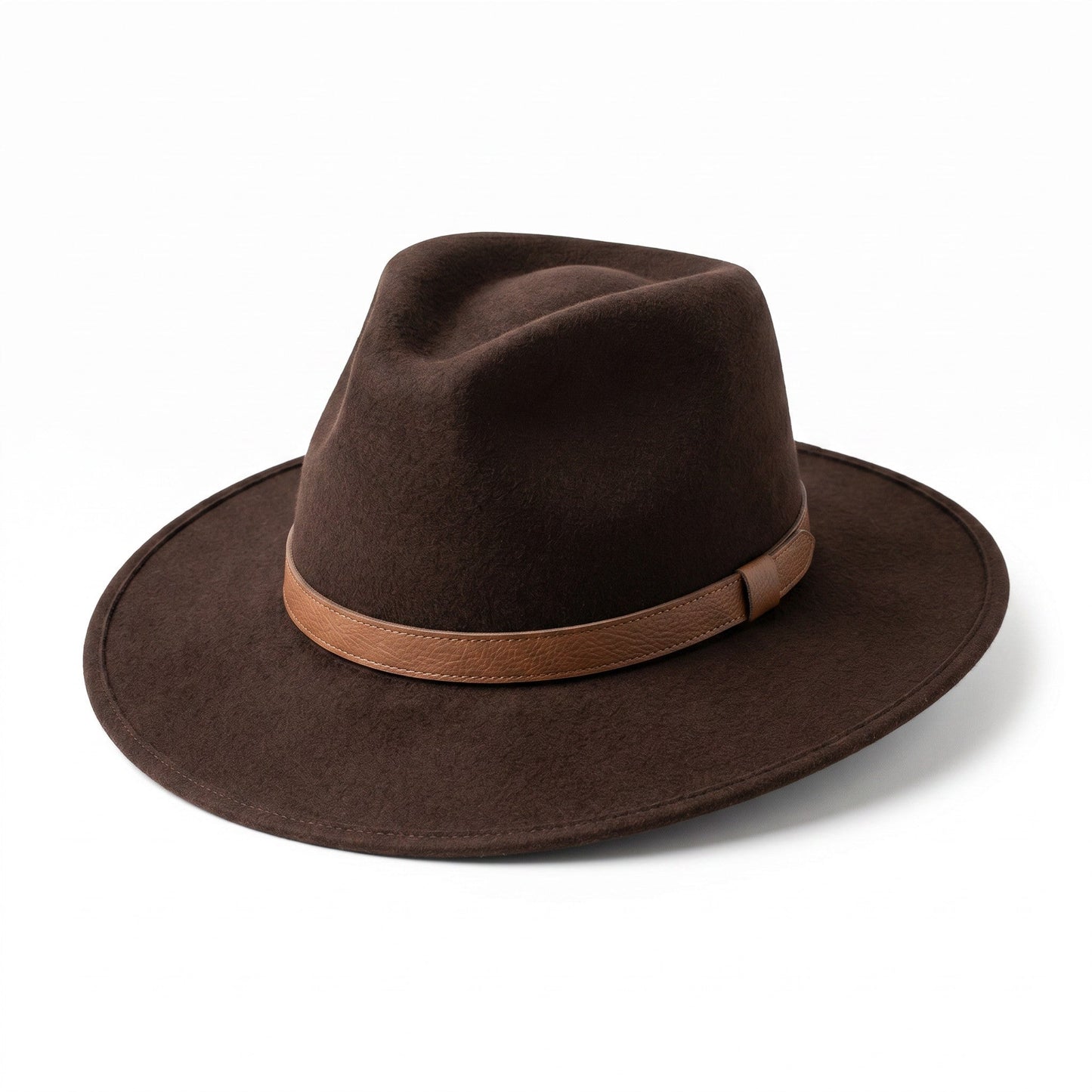 Spirit Warrior Provisions brown felt cowboy hat with a structured pinch front crown and a coordinating leather hatband.