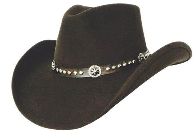 Spirit Warrior Provisions dark brown wool western cowboy hat with a decorative leather band and silver conchos.
