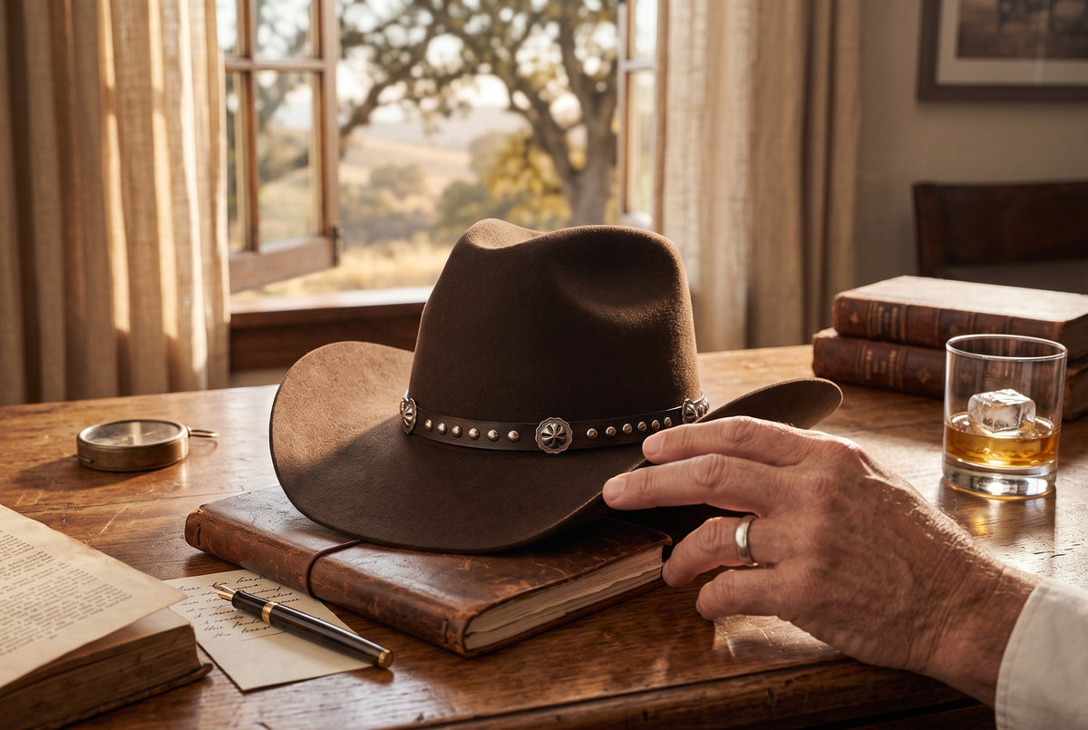 Spirit Warrior Provisions dark brown wool cowboy hat with a leather band and silver conchos on a rustic wooden desk.