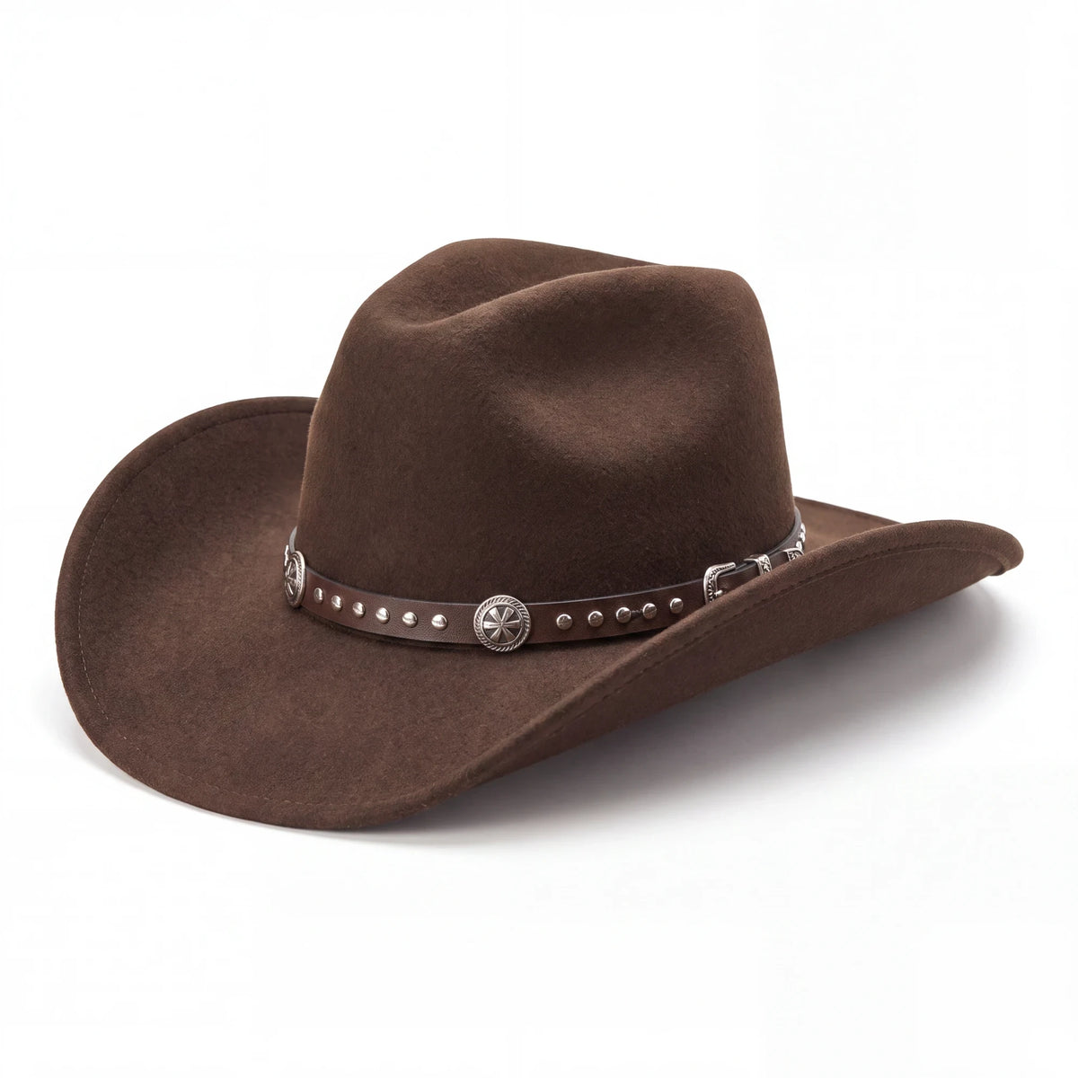 Spirit Warrior Provisions dark brown wool cowboy hat with a leather band featuring silver conchos and studs.