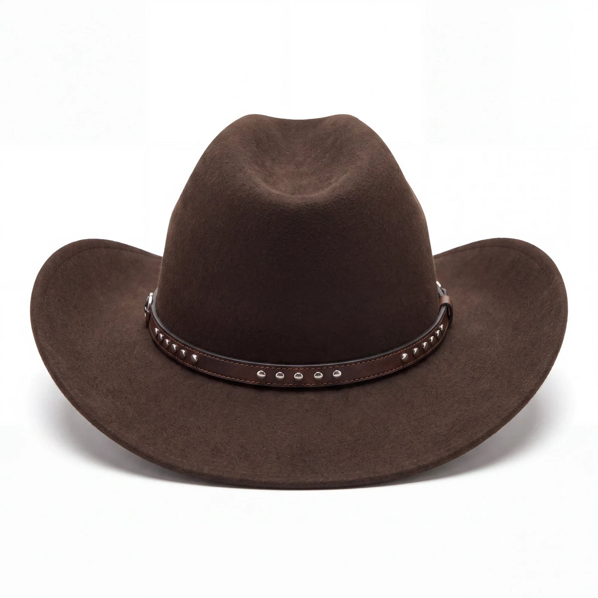 Spirit Warrior Provisions dark brown wool cowboy hat with a leather band and silver concho studs