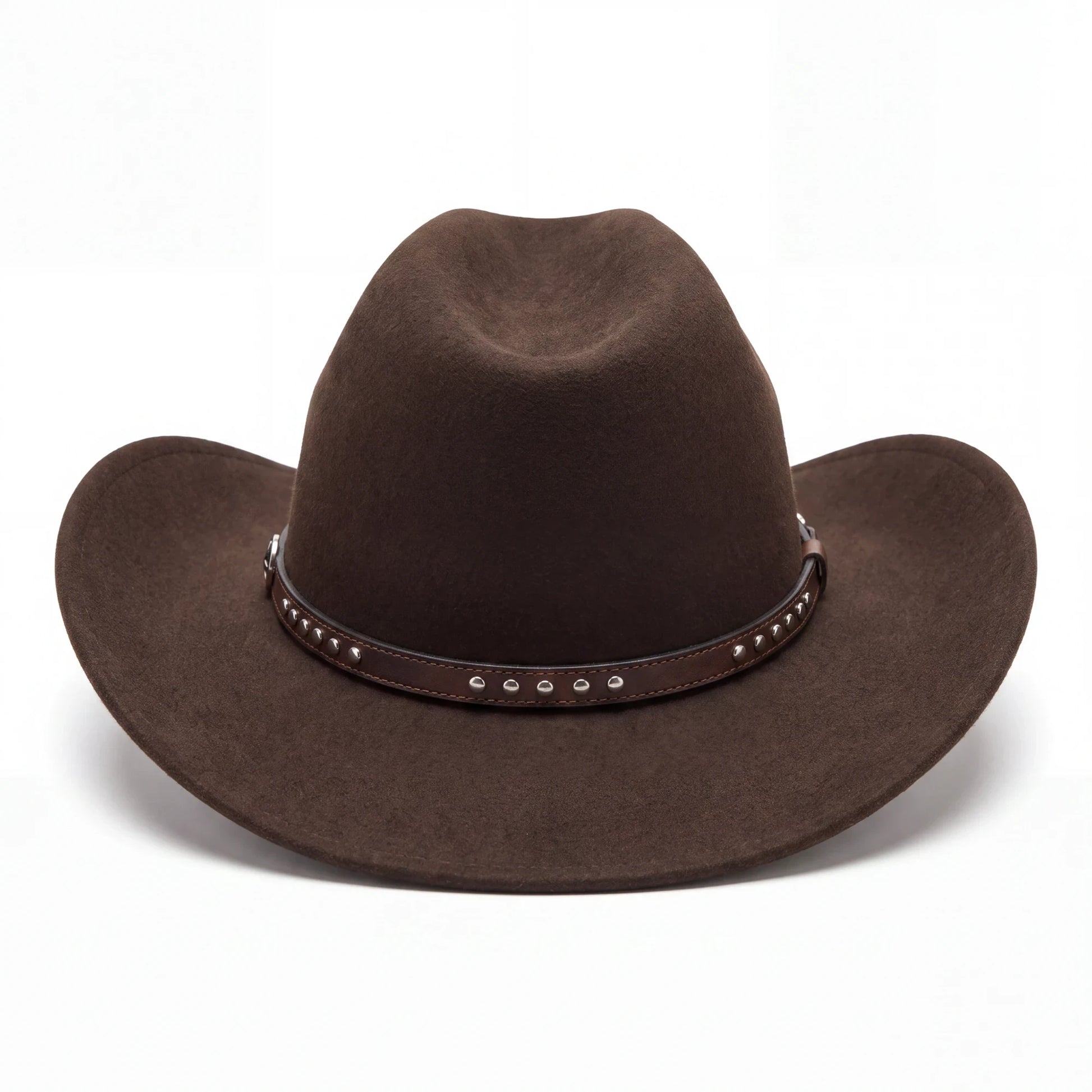 Spirit Warrior Provisions dark brown wool cowboy hat with a leather band and silver concho studs