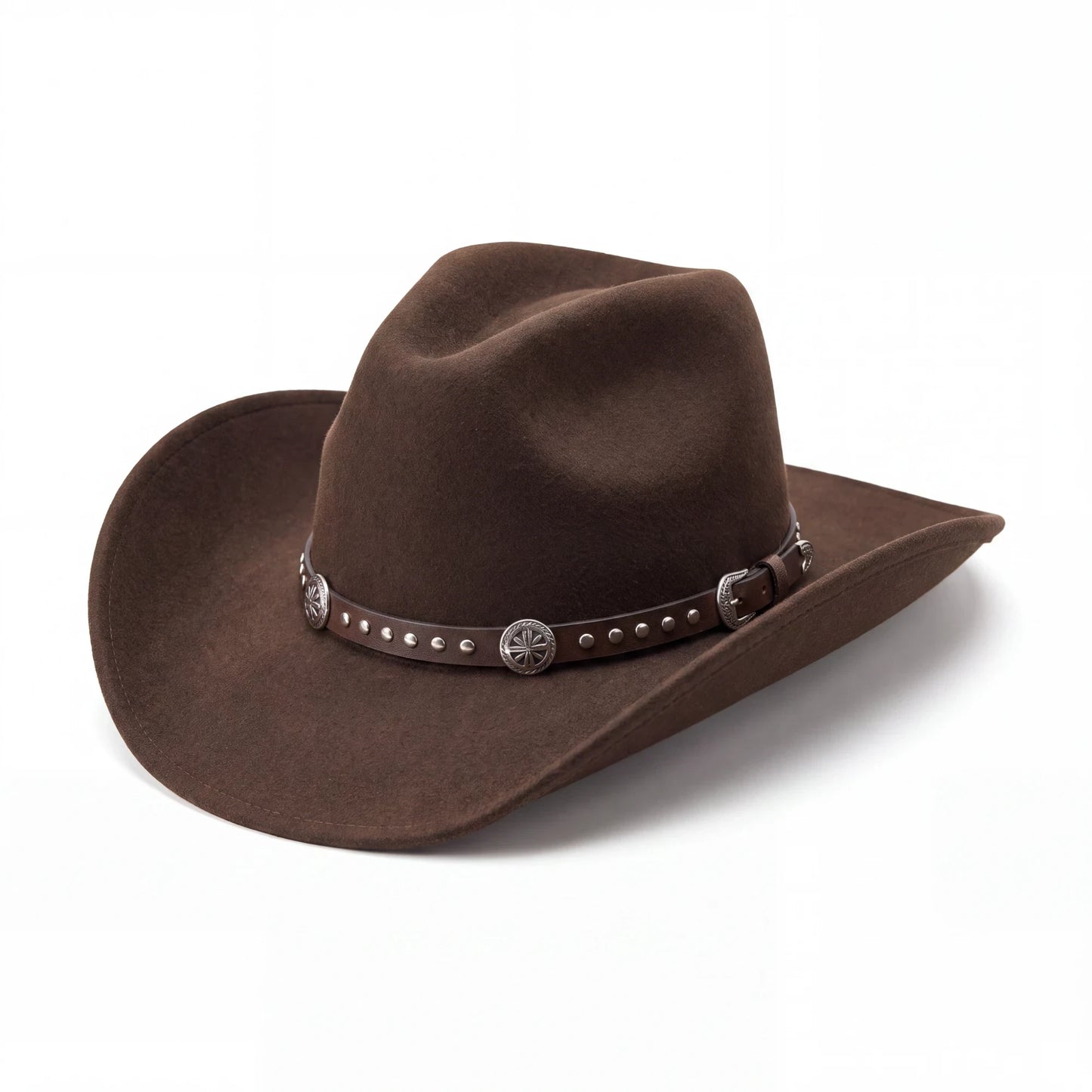 Spirit Warrior Provisions dark brown wool cowboy hat with a leather band featuring silver conchos and studs.