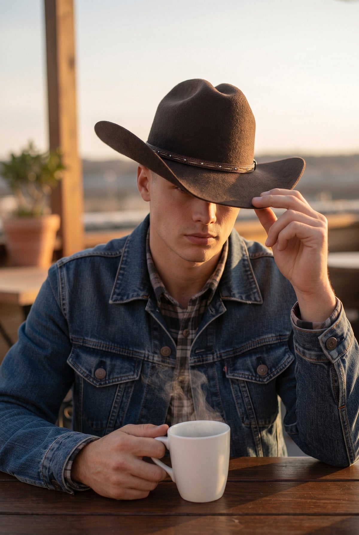 Spirit Warrior Provisions brown wool felt Western hat on a man wearing a denim jacket, holding a steaming coffee mug.